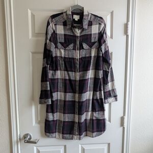 Caslon Plaid Button Down Shirt Dress, Purple, Black, and White, Medium